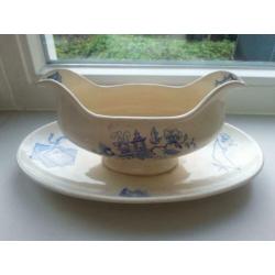 Saucière ~ sauskom ~ juskom ~ ecru-blauw gemerkt ~ brocante