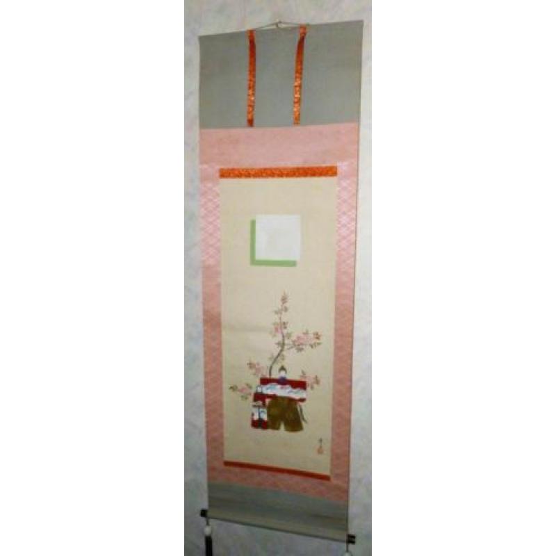 Hina dolls & Sakura op scroll, handgeschilderd, 1960's