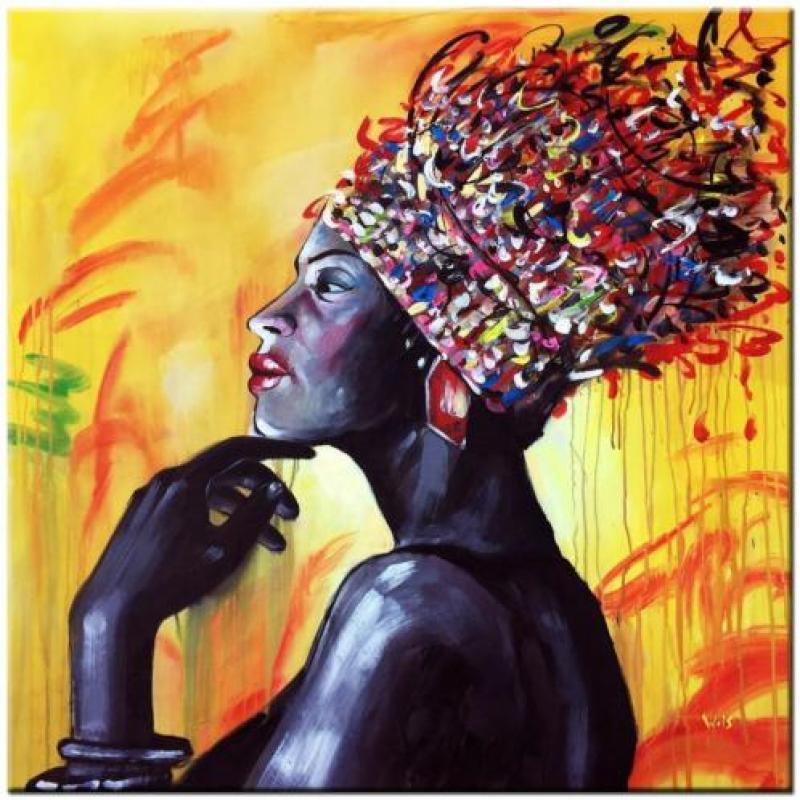 Afrikaanse Dame olieverf schilderij 100x100cm