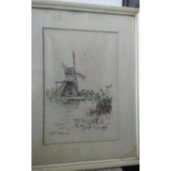 tek.aquarelverf Wim Jansen (1923 - 1992) molen Hardinxveld